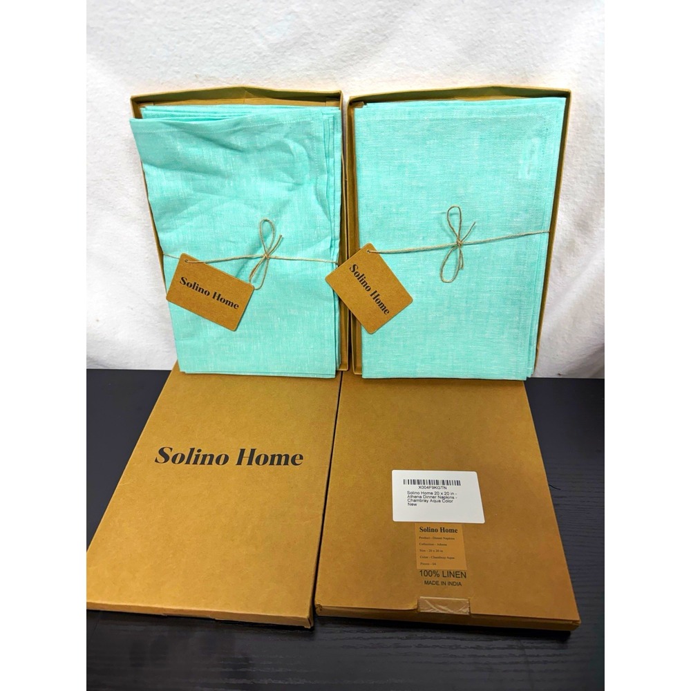 2 sets (8 total) Solino Home Linen Chambray Aqua Solid Square Dinner Napkins